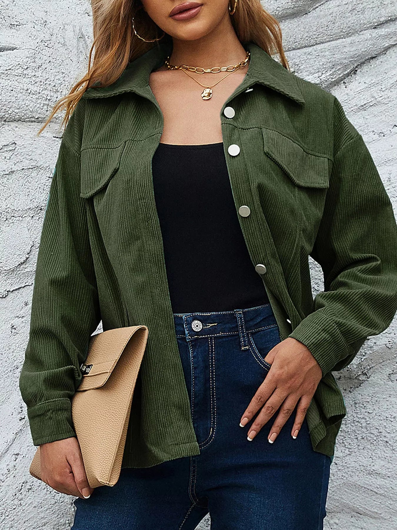 Trendsi Corduroy Button-Down Shirt with Chest Pockets -