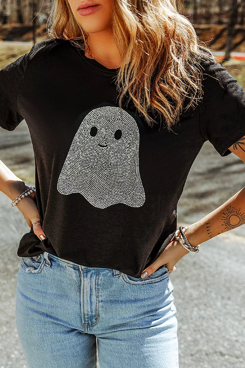 Rhinestone Ghost Round Neck T-Shirt in black, front view