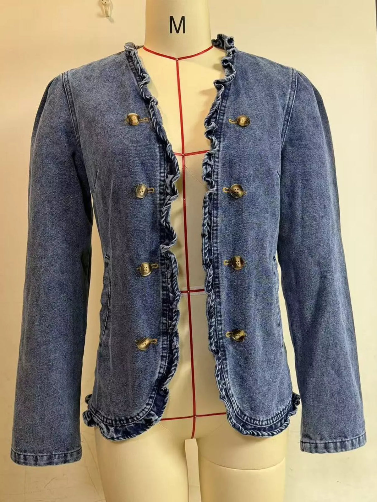 Ruffle Trim Double-Breasted Denim Jacket — garment front