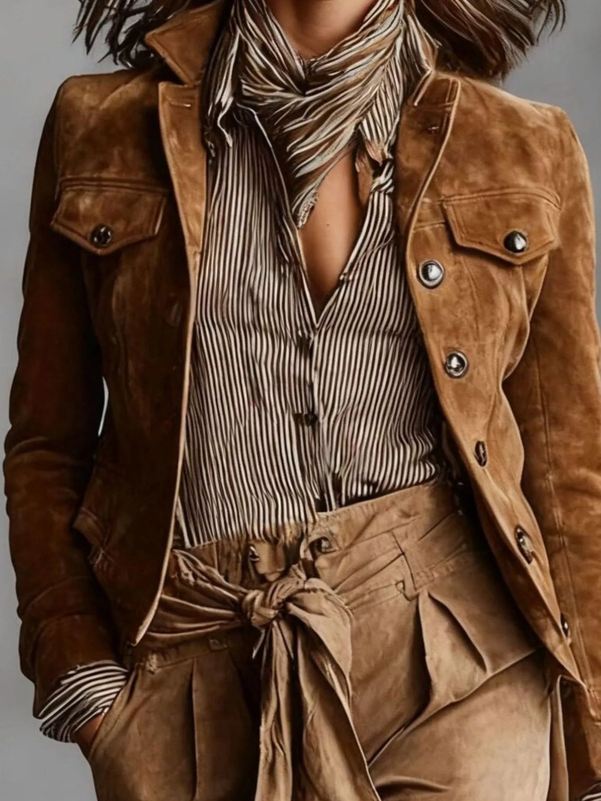 Brown faux-suede button-front utility blazer, front close view.