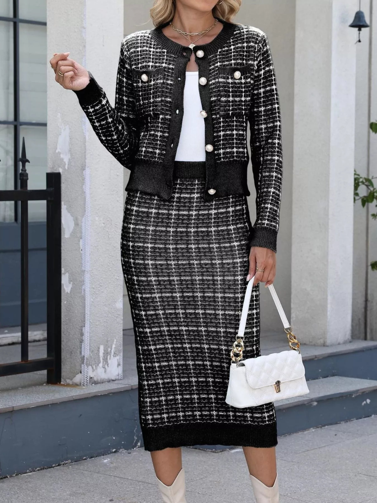 Plaid Cardigan and Midi Skirt Set
