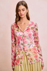 Trendsi BiBi Floral Shrried Detail Button Up Mesh Cardigan Top -