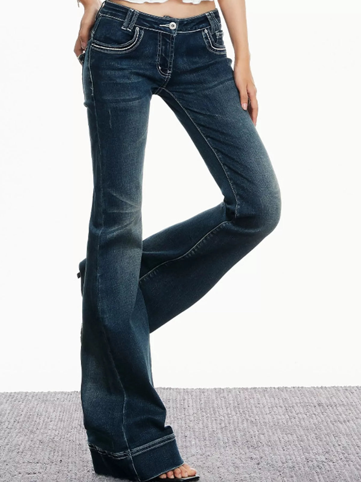 Vintage Blue low-rise contrast-stitch flared jeans