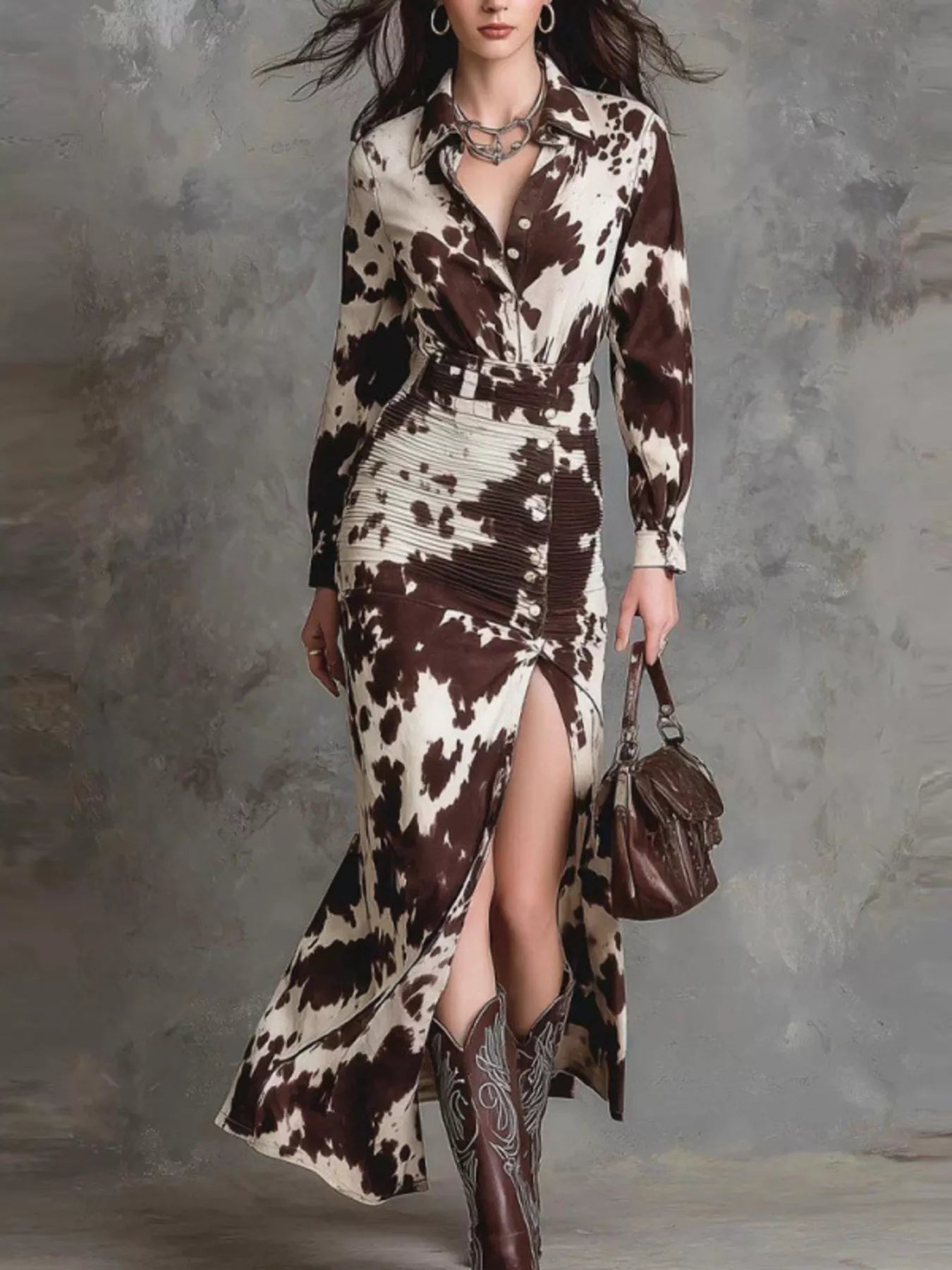 Trendsi Cow Print Ruched Slit Shirt Maxi Dress -