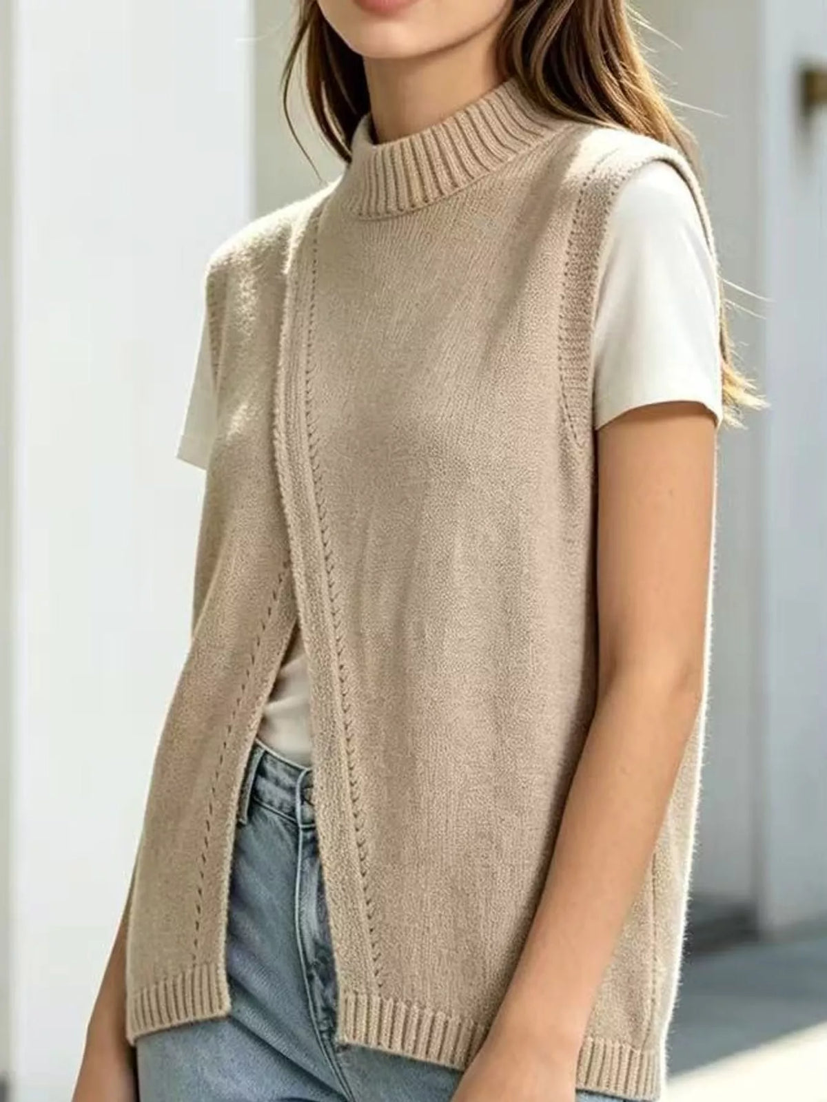 Mock Neck Asymmetrical Hem Knit Sweater Vest in apricot