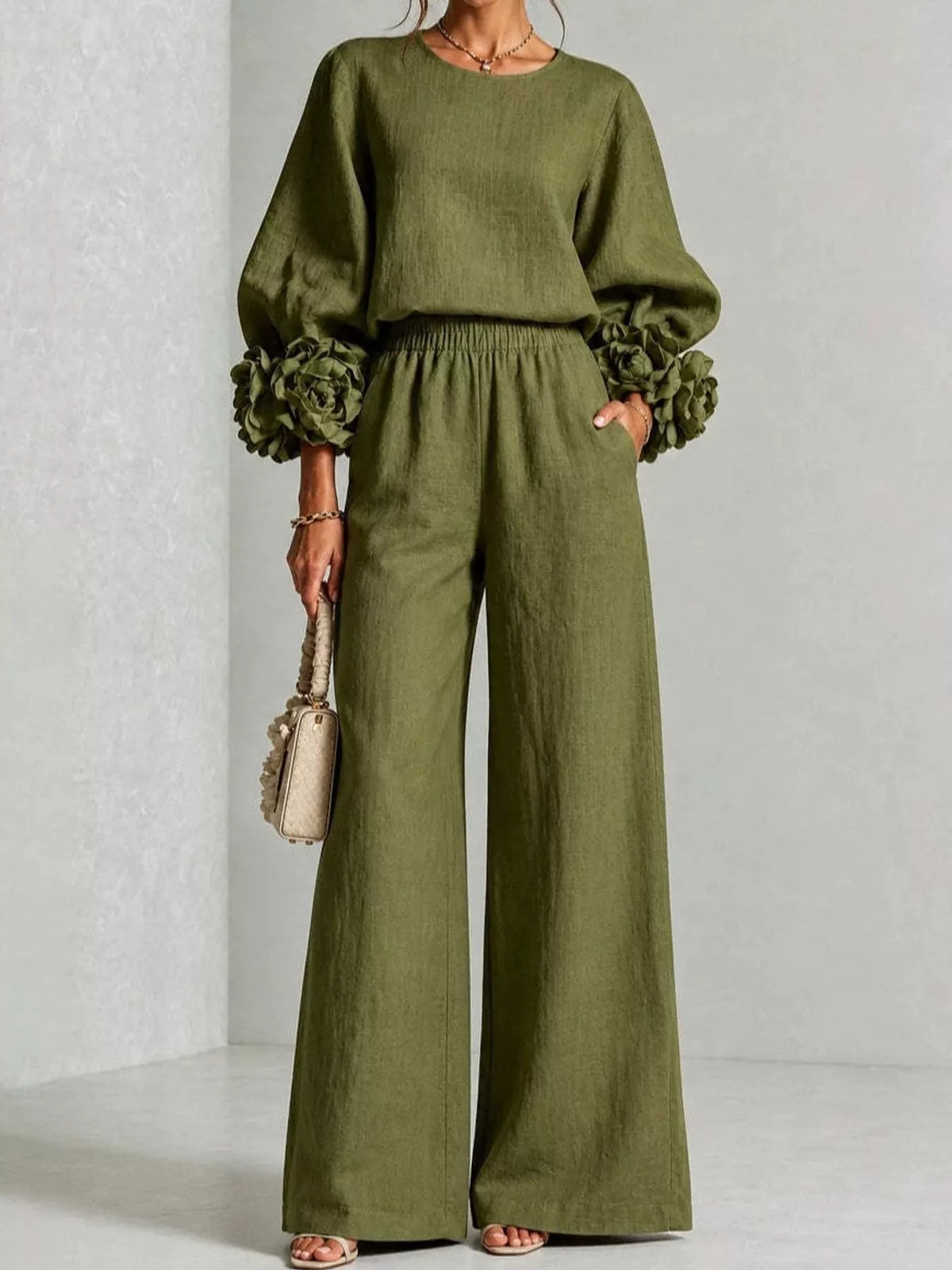 Floral Sleeve Embellishments Top and Pants Set — front view