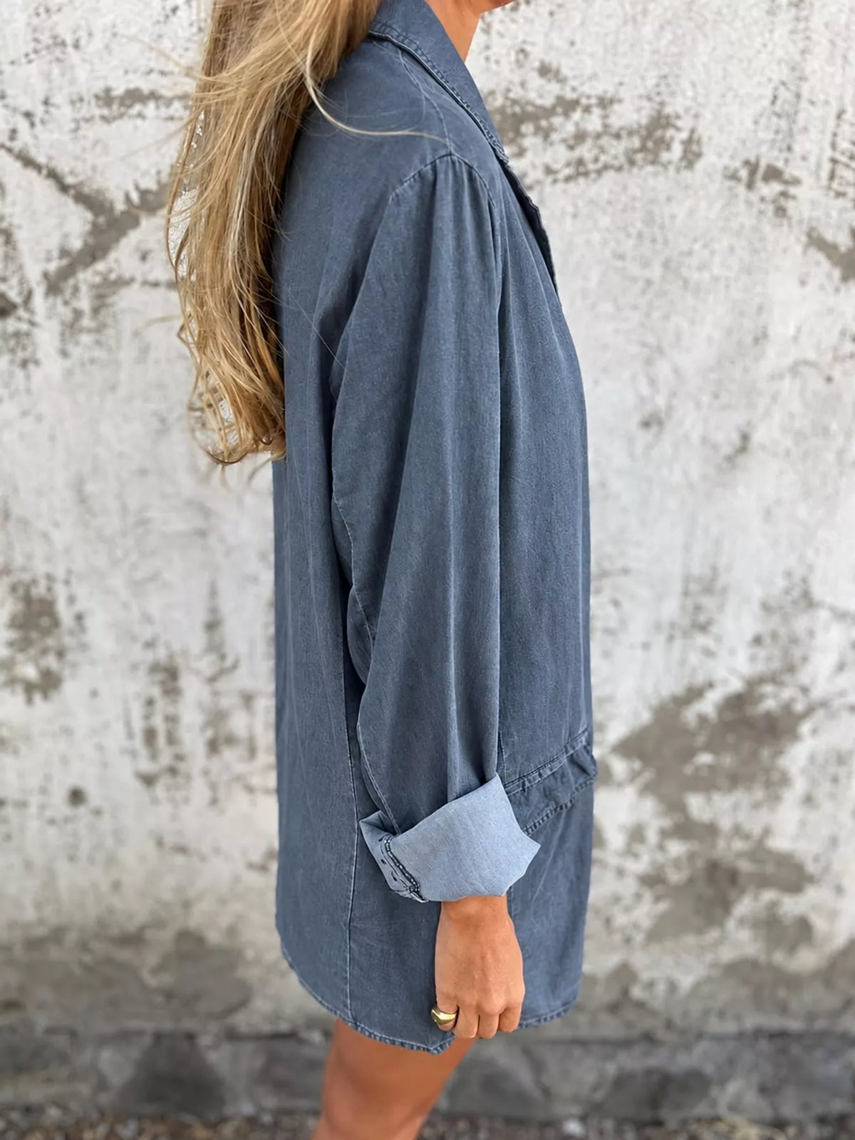 Lapel Collar Long Sleeve Denim Blazer in blue