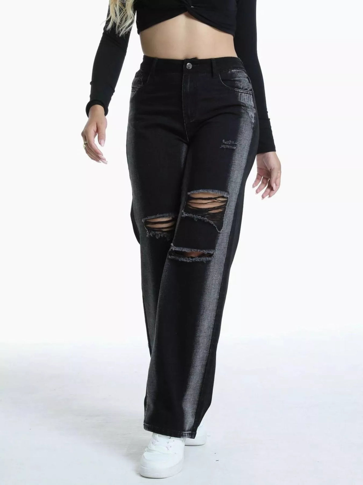 Contrast Panel Ripped Wide-Leg Jeans in black, front view