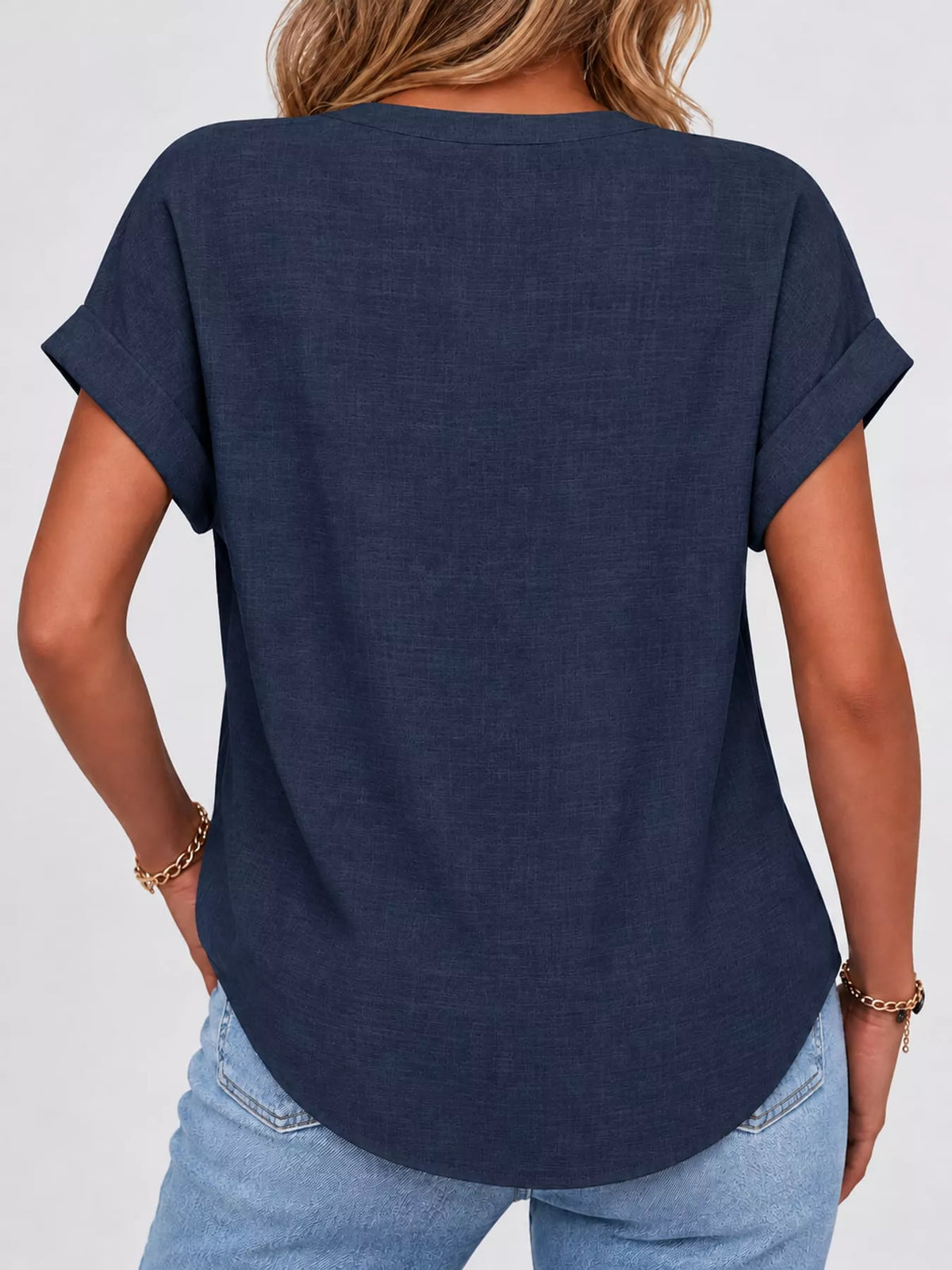 Navy button detail short sleeve blouse, back view