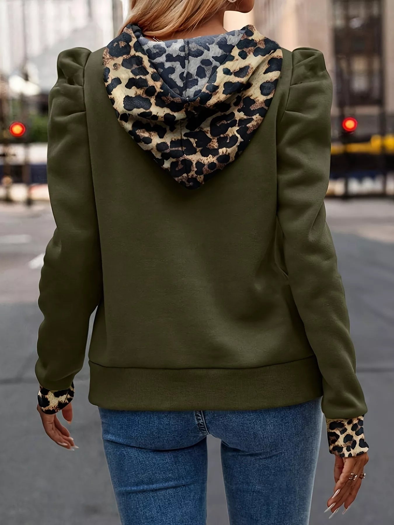 Trendsi Drawstring Leopard Puff Sleeve Hoodie -