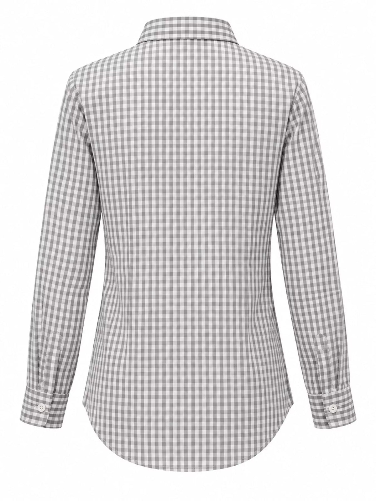 Gray and white plaid button-down shirt, back view