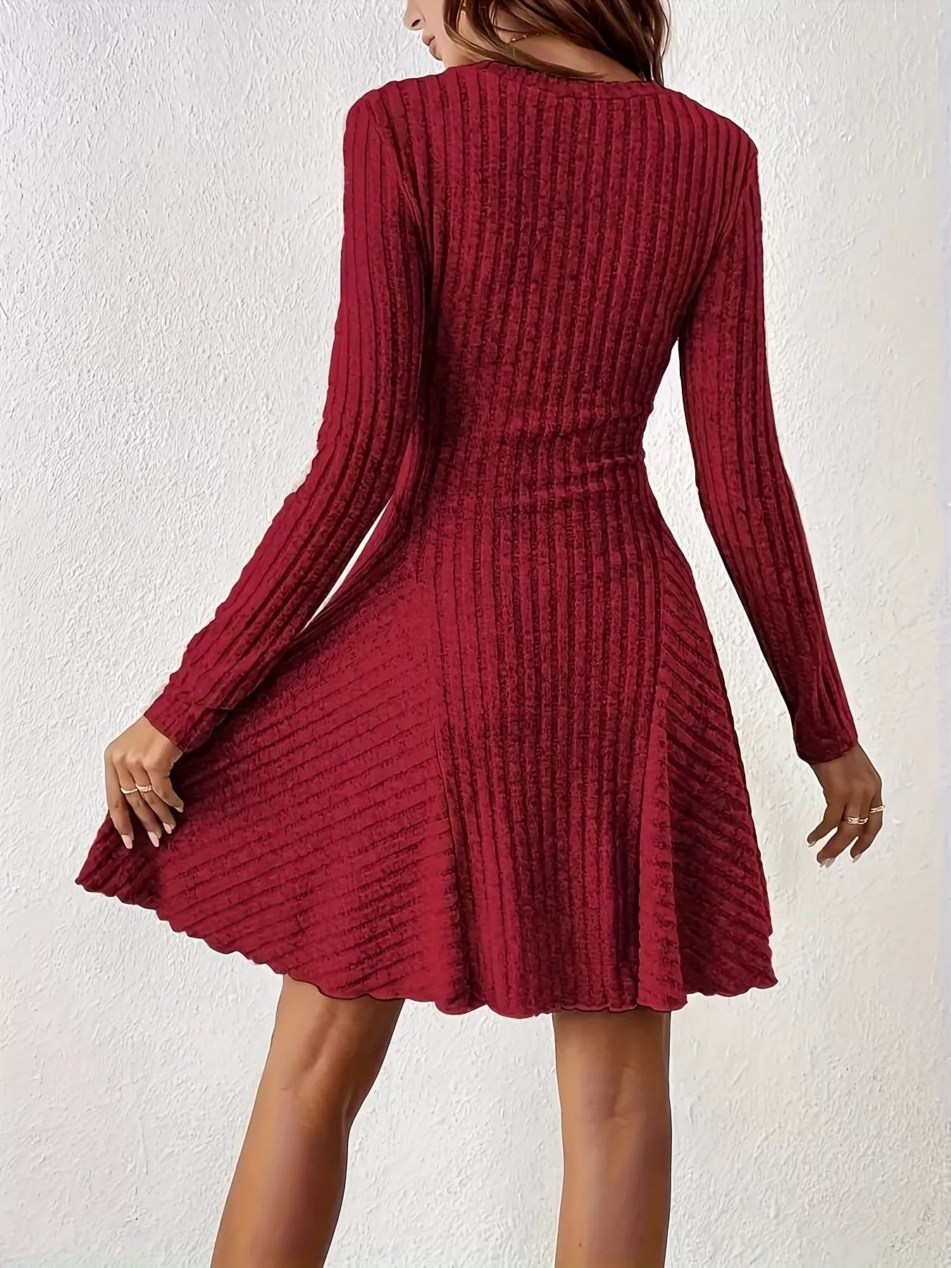 Trendsi V-Neck Ribbed Knit Flared Knit Dress -