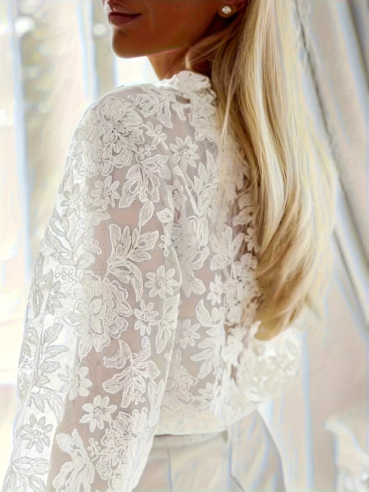 White sheer floral lace long sleeve shirt, back shoulder view
