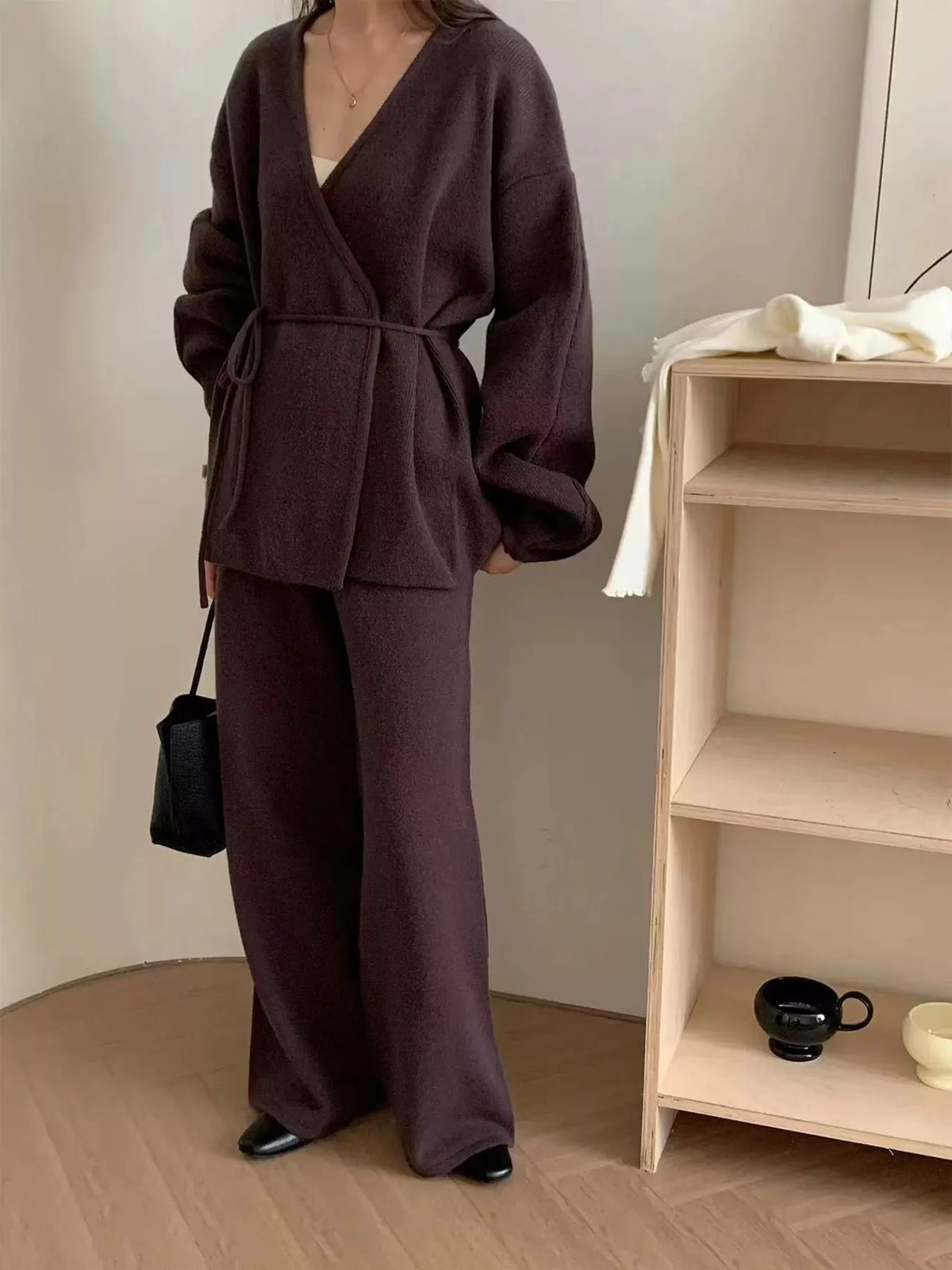 V-Neck Wrap Cardigan and Wide-Leg Pants Sweater Set in coffee