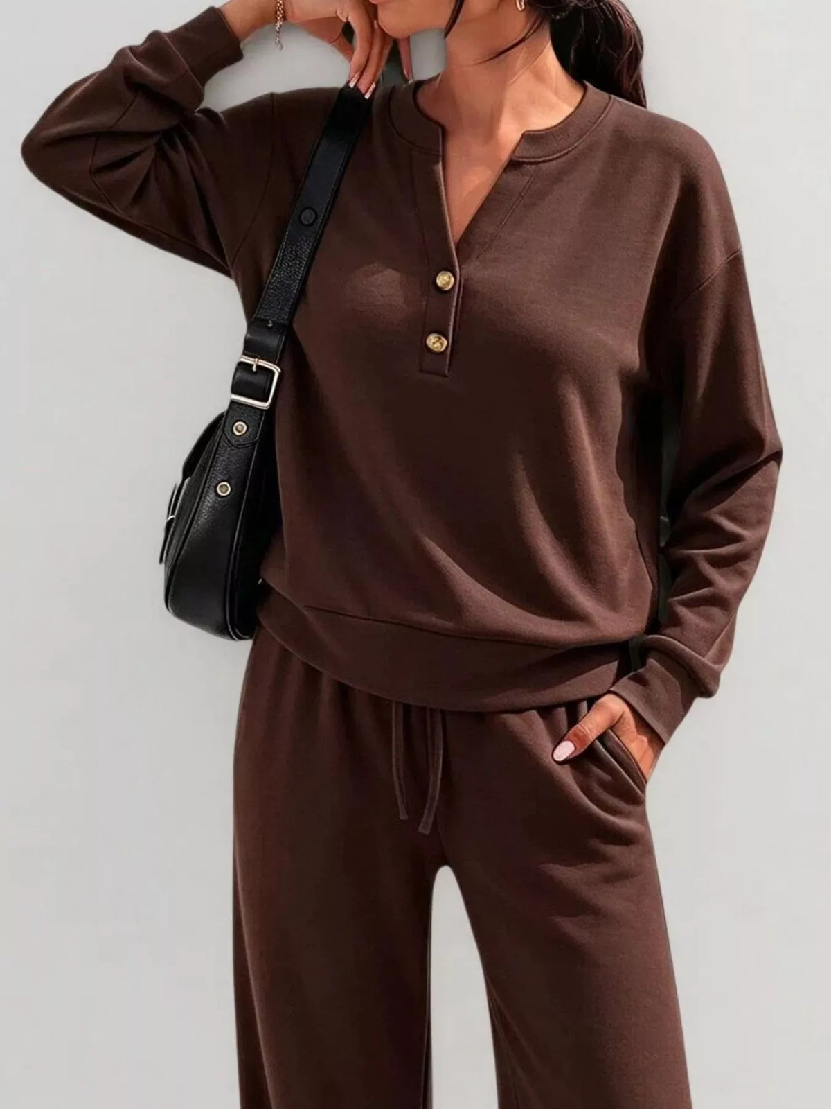 Button-detail dropped-shoulder top and pants set
