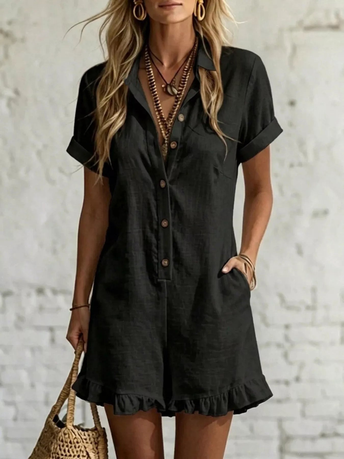 Trendsi Full Size Button Front Ruffled Hem Romper Plus Size -
