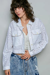 Trendsi POL Eyelet Textured Cotton Cropped Button Front Jacket -