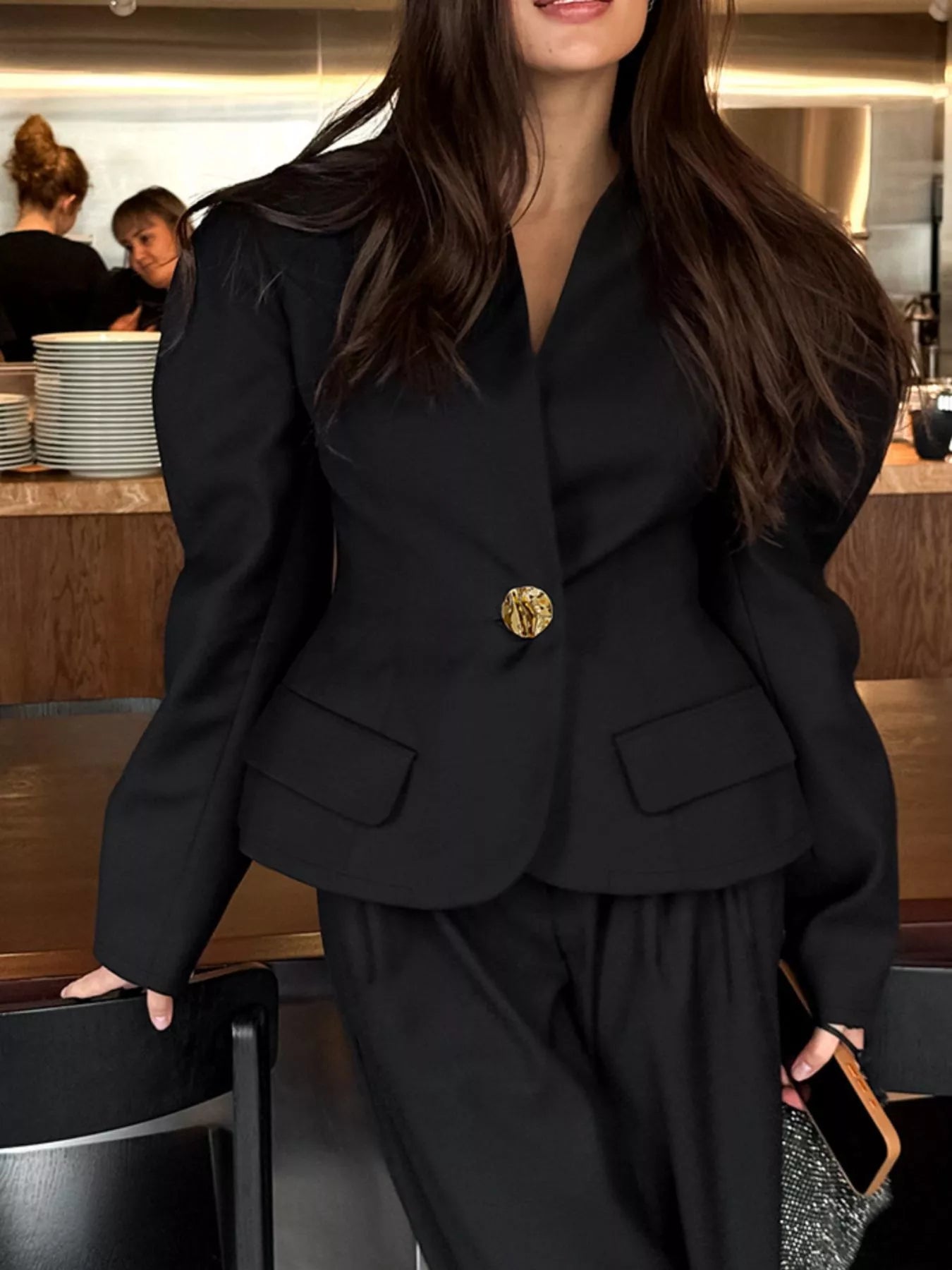 Trendsi Puffy Sleeve Blazer and Wide-Leg Pants Set -