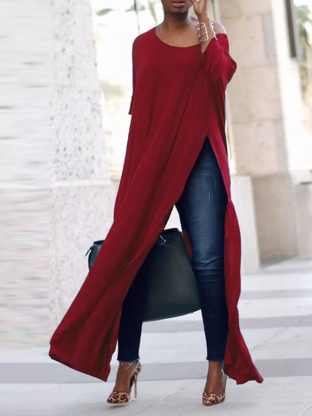 High-Slit Maxi Tunic Dress — front view