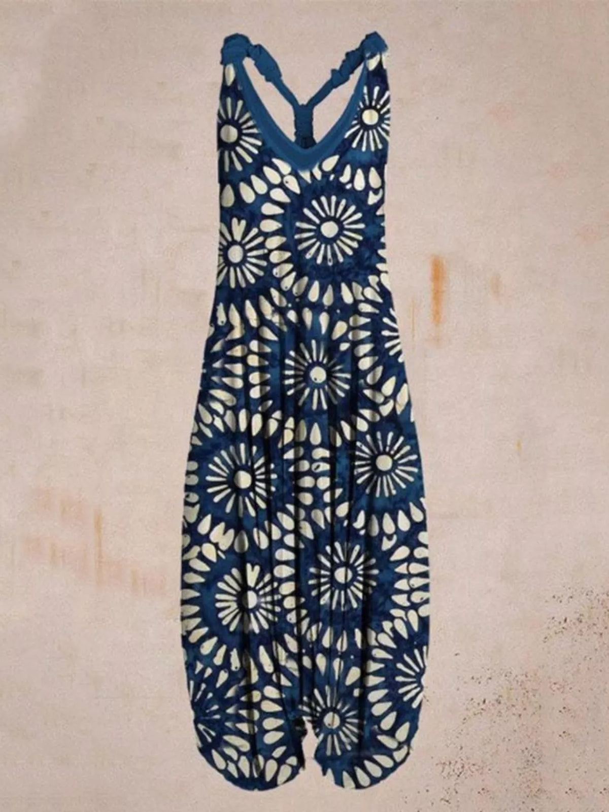 Navy and cream floral-print V-neck sleeveless jumpsuit