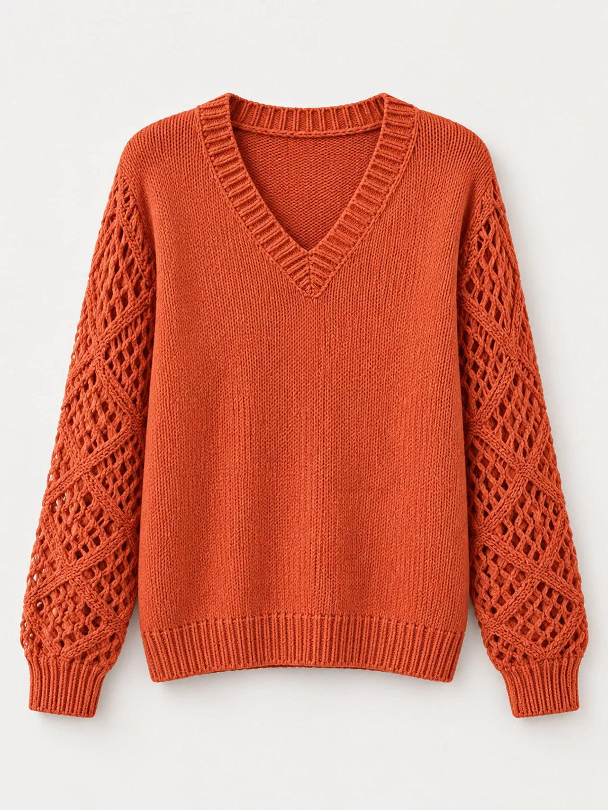 Orange v neck openwork long sleeve sweater, front view