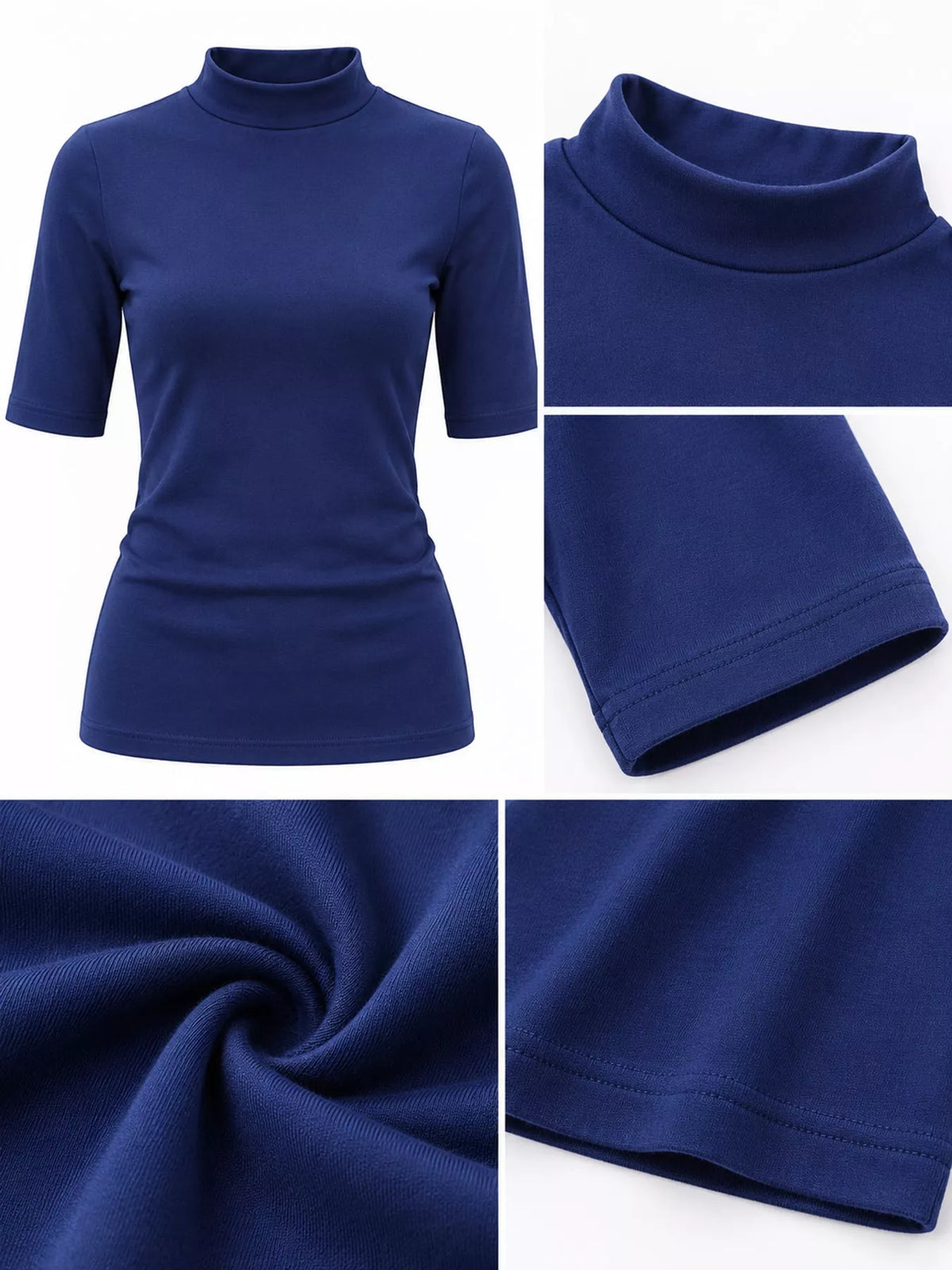 Navy mock neck half sleeve t-shirt, neckline, sleeve hem, and fabric texture
