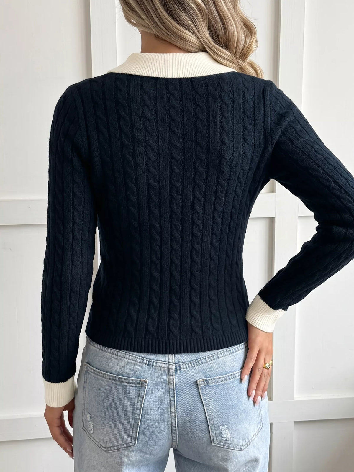 Trendsi Cable Knit Contrast Collar Sweater -