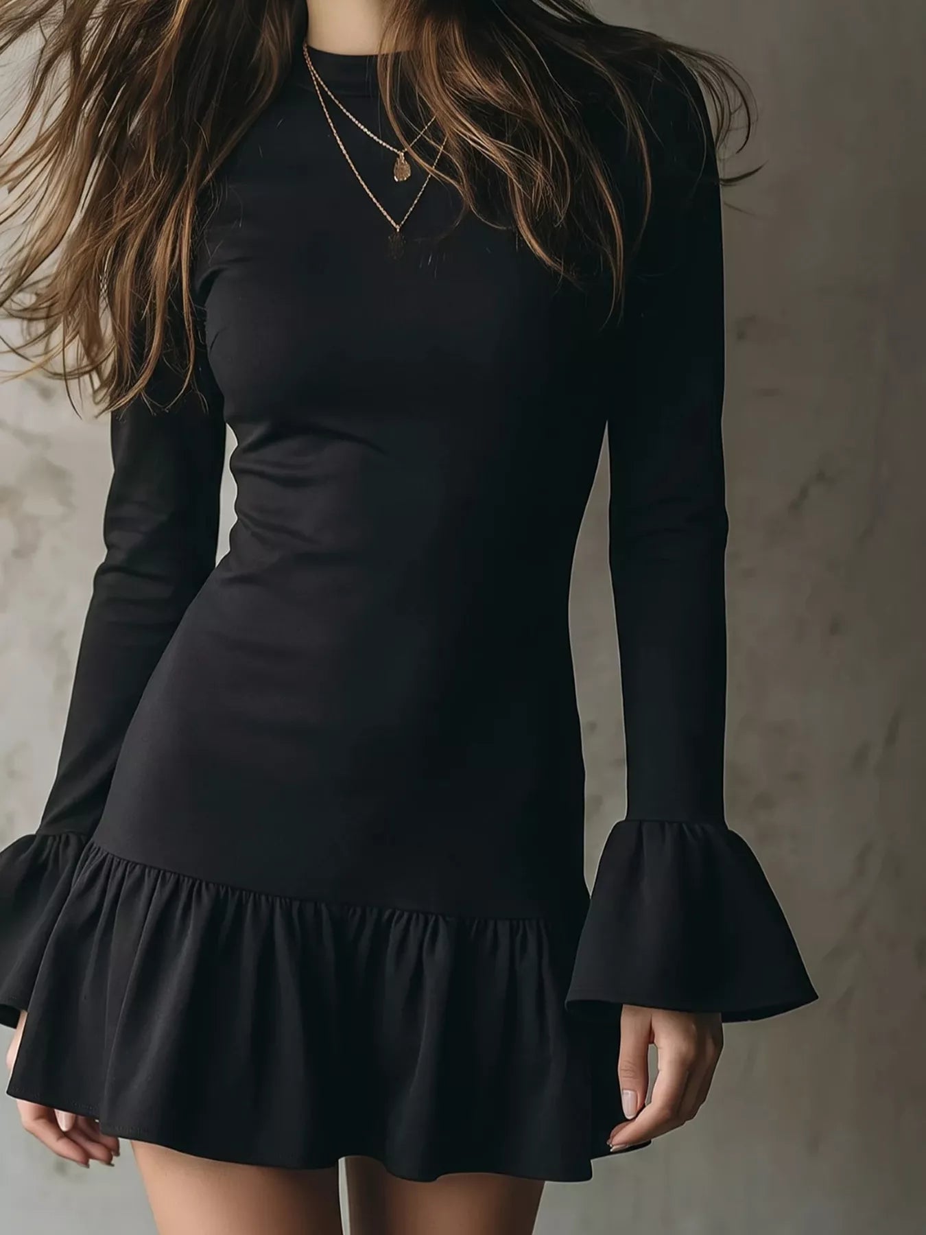 Trendsi Long-Sleeve Ruffle Hem Mini Dress -