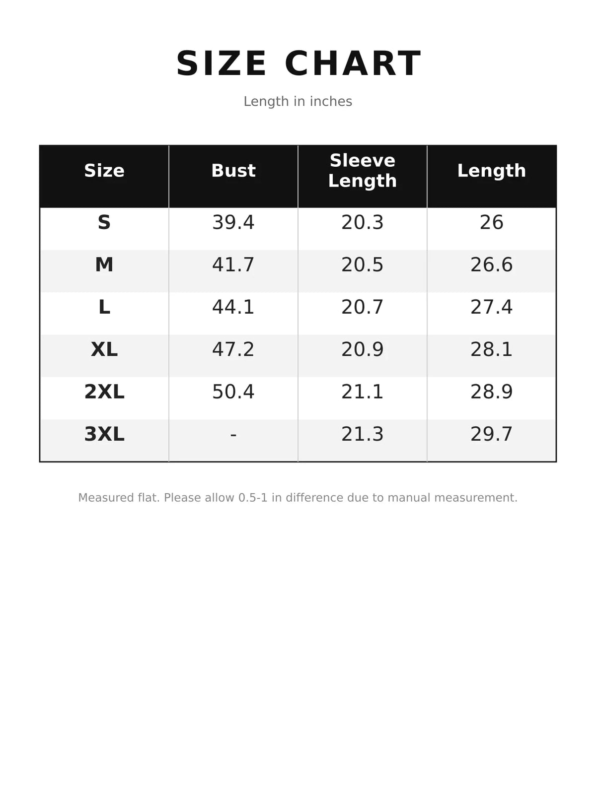 Size chart for oversized zip-up jacket