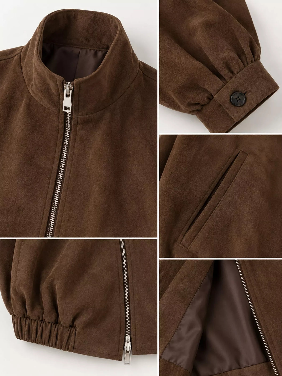 Stand-collar jacket, brown detail collage