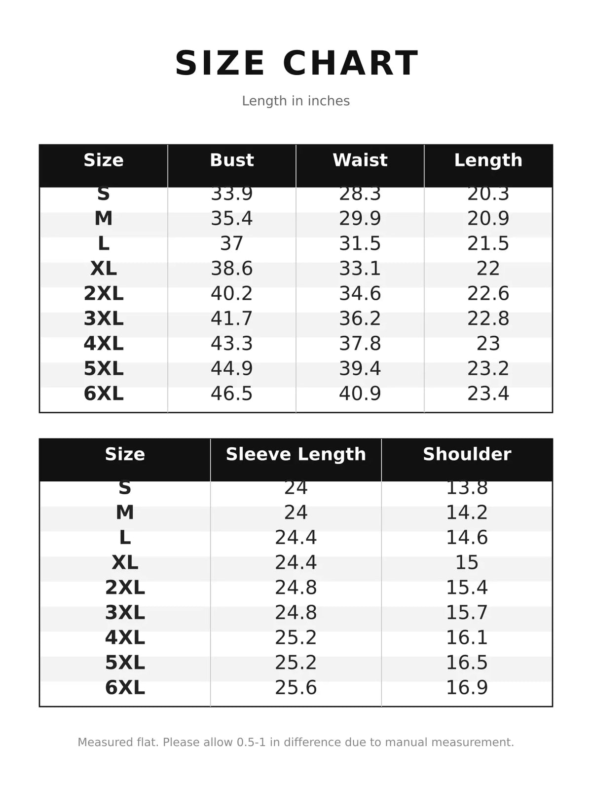 Size and measurement chart for long-sleeve jacket