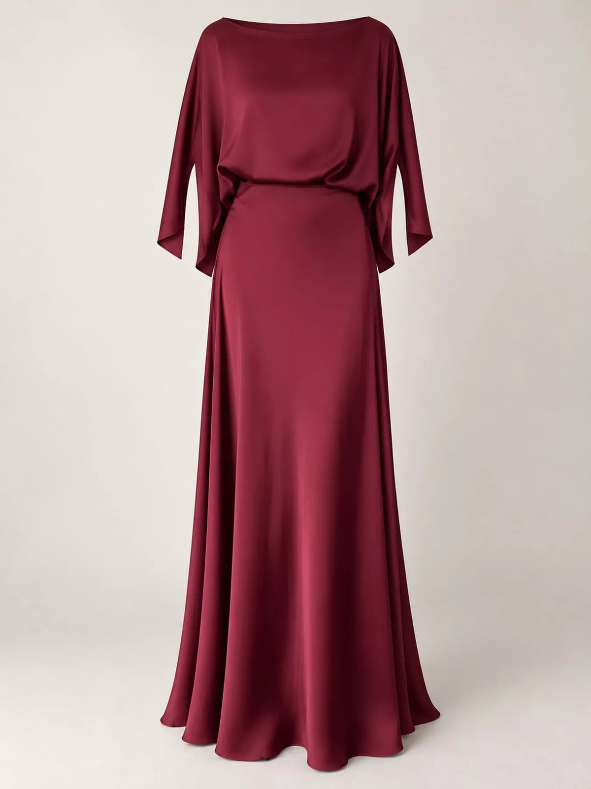 Burgundy satin cape sleeve maxi dress, front view