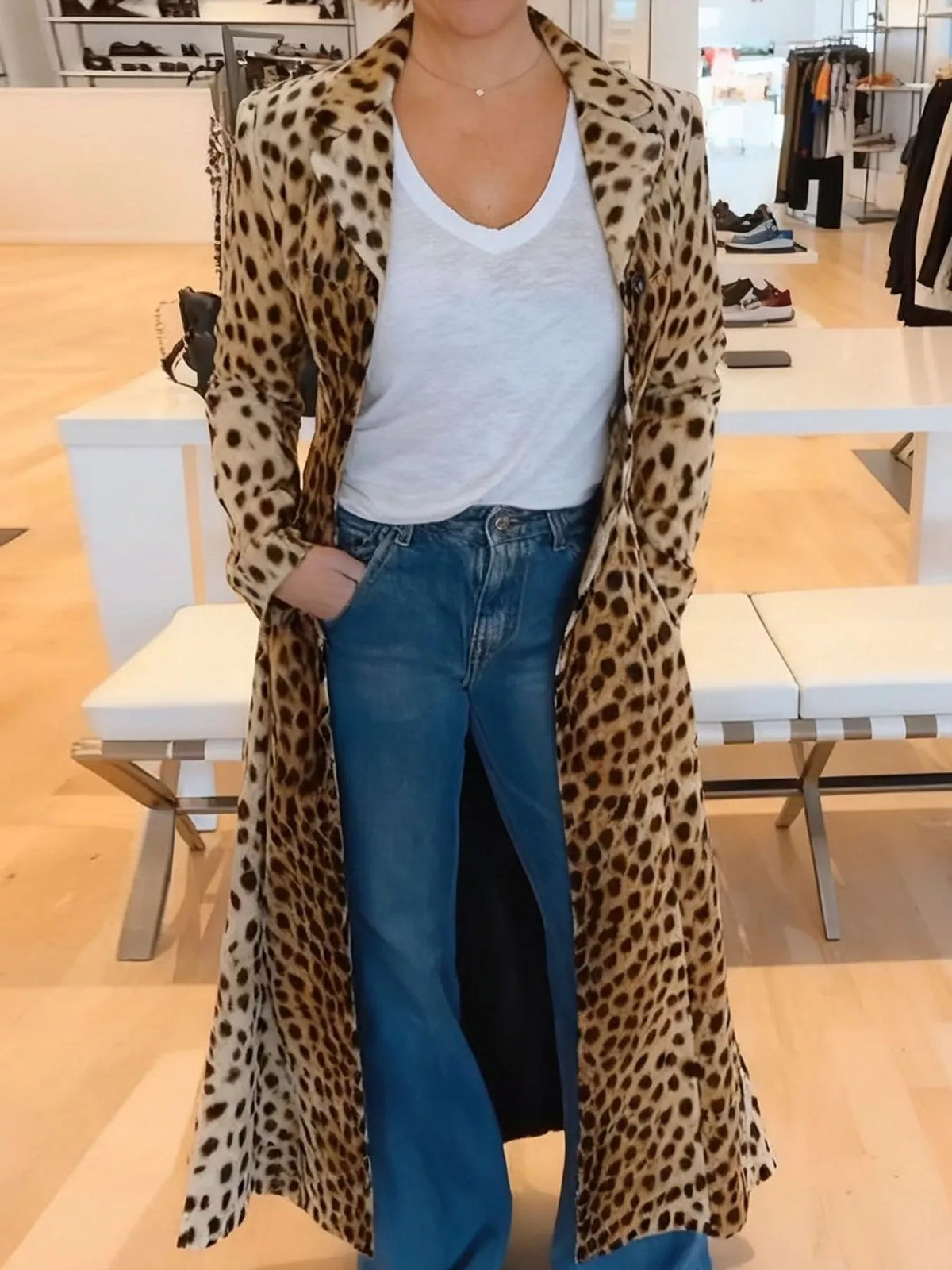 Brown and black leopard-print longline trench coat