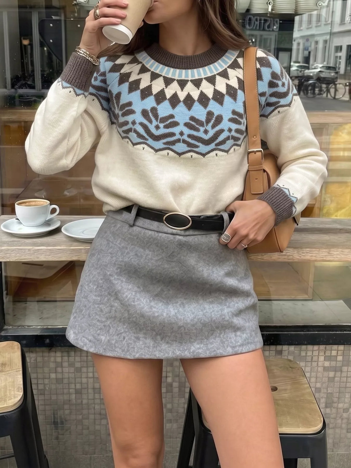 Cream Fair Isle round neck sweater, front view