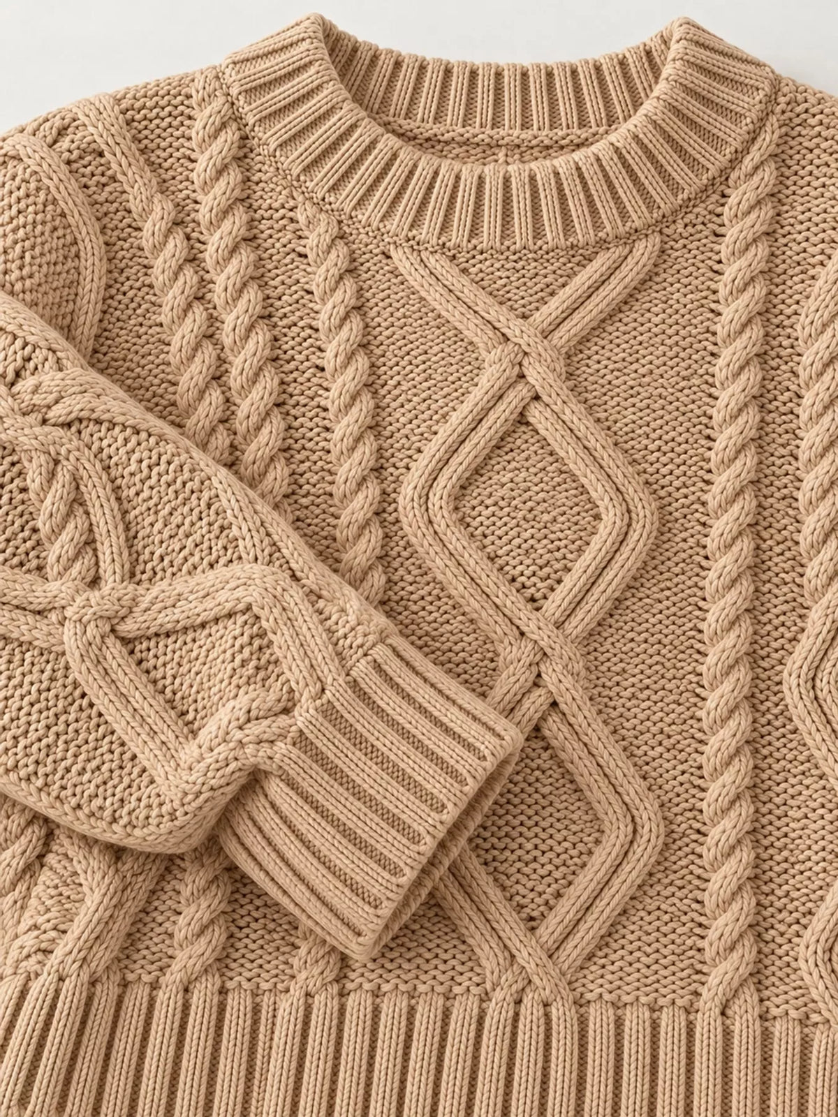 Khaki cable-knit round neck sweater, detail view