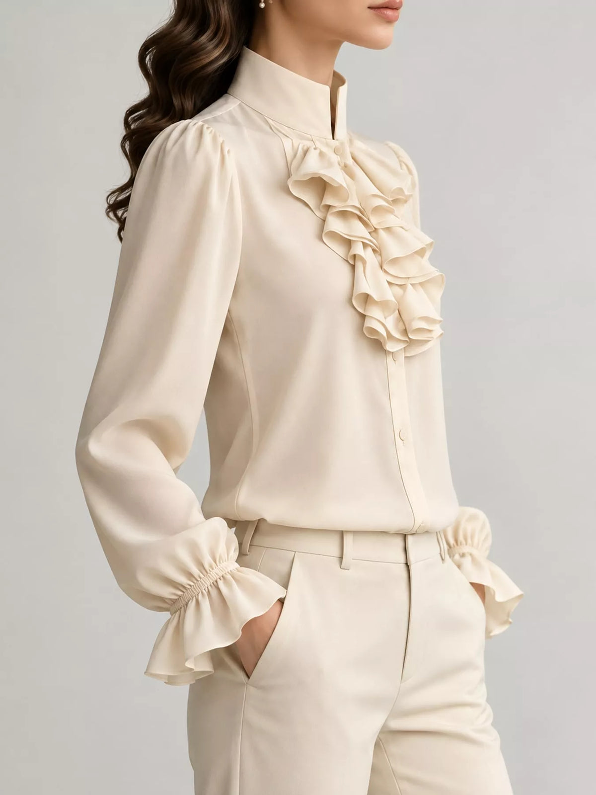 Ruffled Stand-Collar Blouse with Long Lantern Sleeves, side view