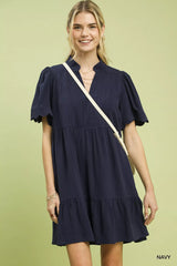 Trendsi Umgee Linen Tiered Babydoll Dress with Scalloped Sleeves -