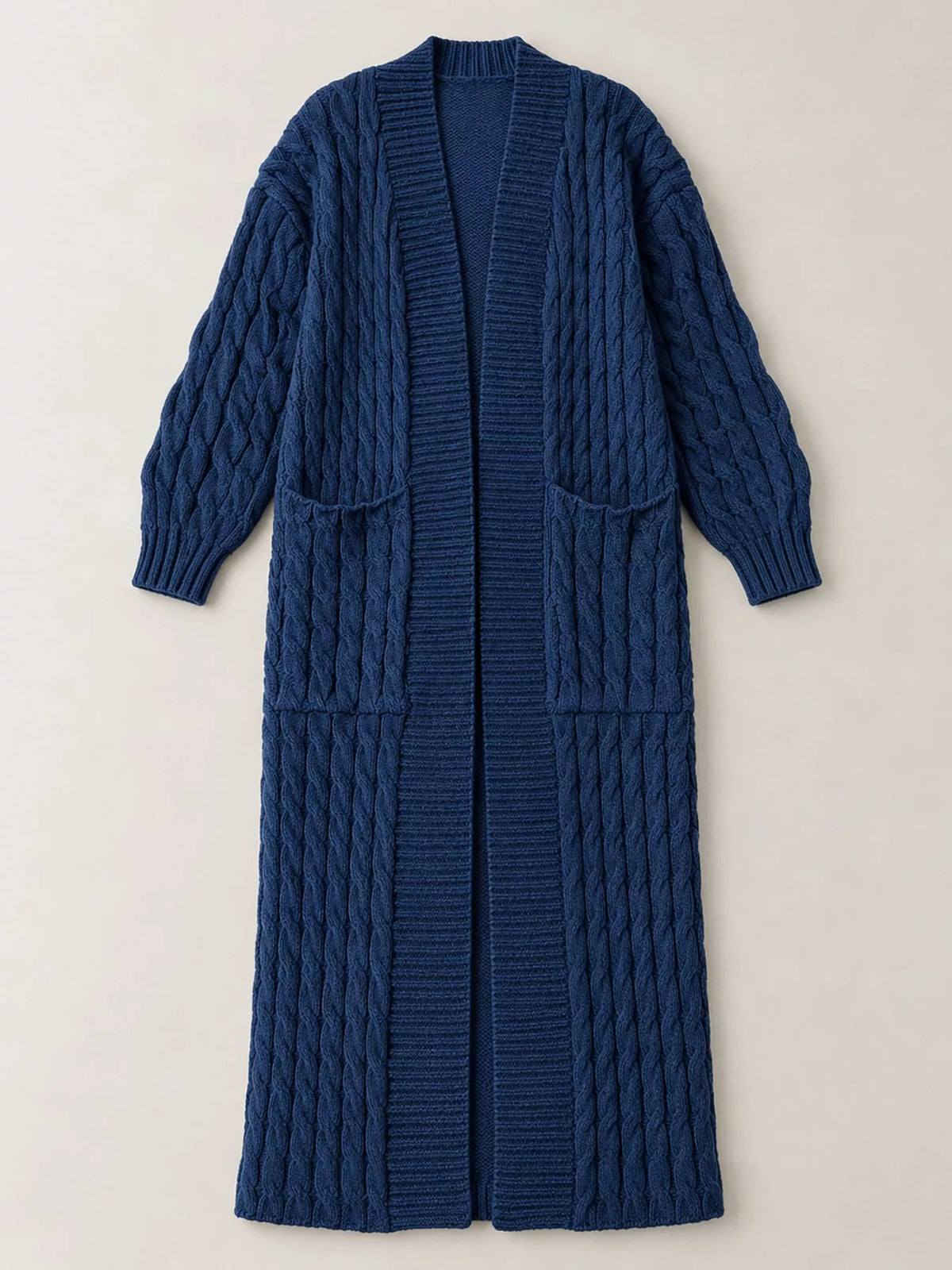 Denim Blue cable-knit longline open-front cardigan, back view