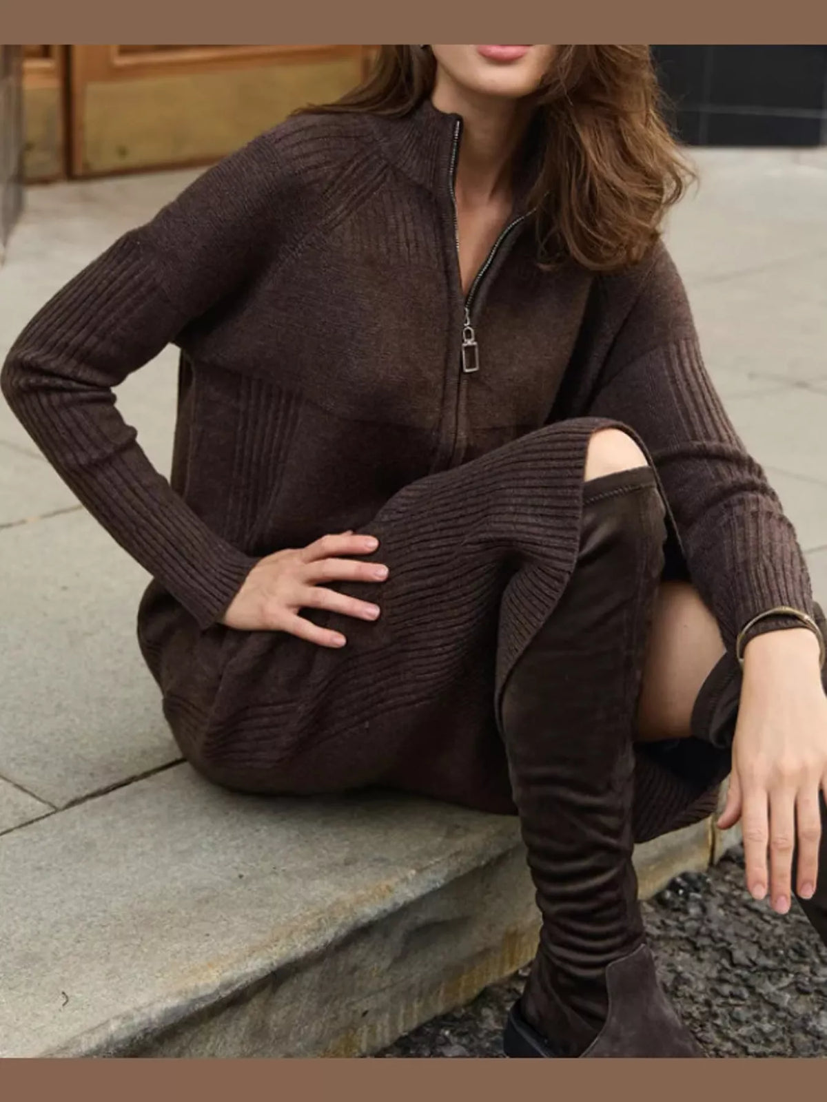 Brown half-zip ribbed knit sweater dress — front view