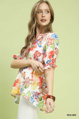 Trendsi Umgee Watercolor Floral Print Top with High-Low Hem -