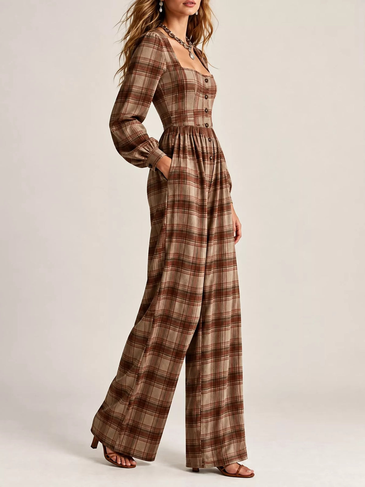 Plaid jumpsuit, brown side