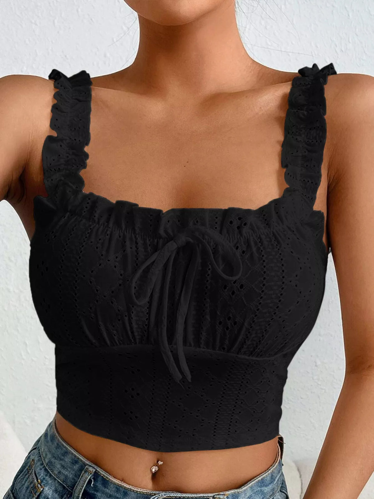 Eyelet tie-front tank, black eyelet detail