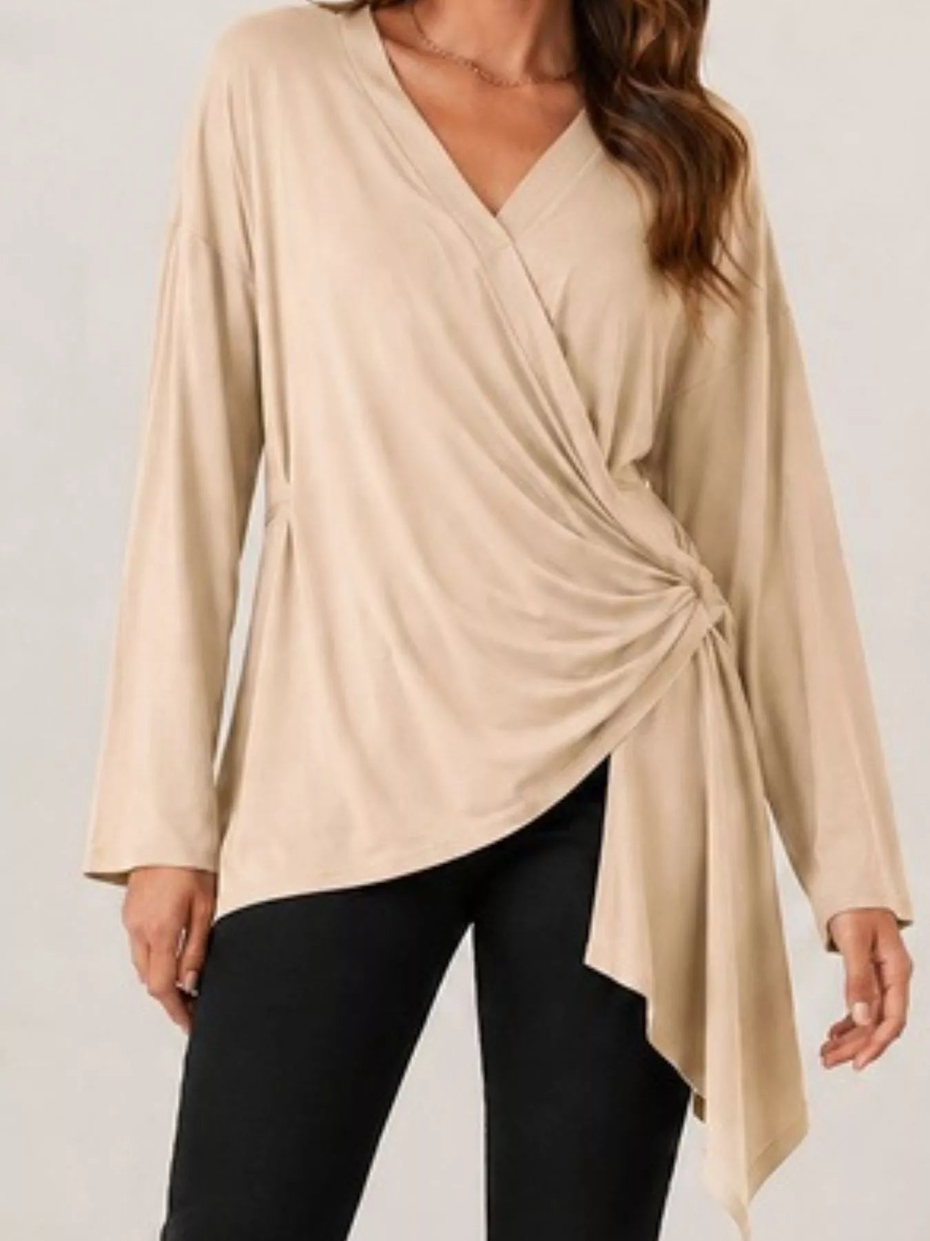 Trendsi Long Sleeve Wrap T-Shirt with Side Knot Detail -