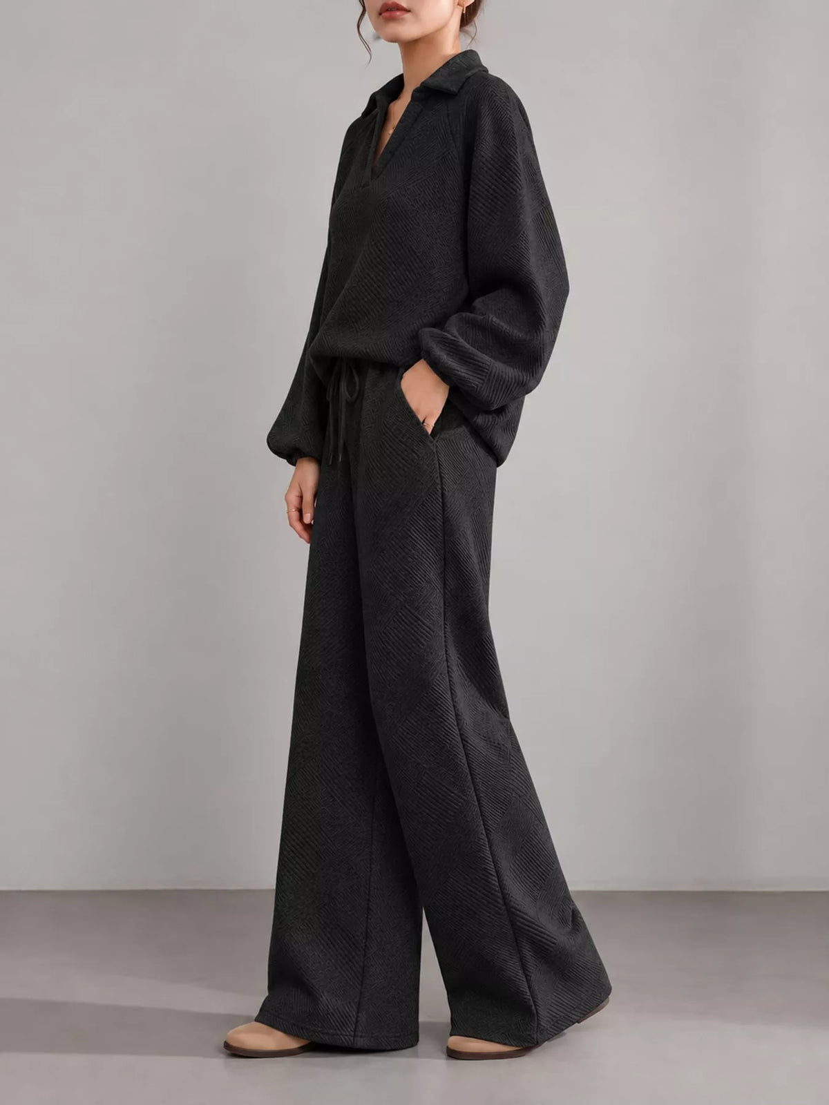 Black textured polo collar top and wide-leg pants set — side view