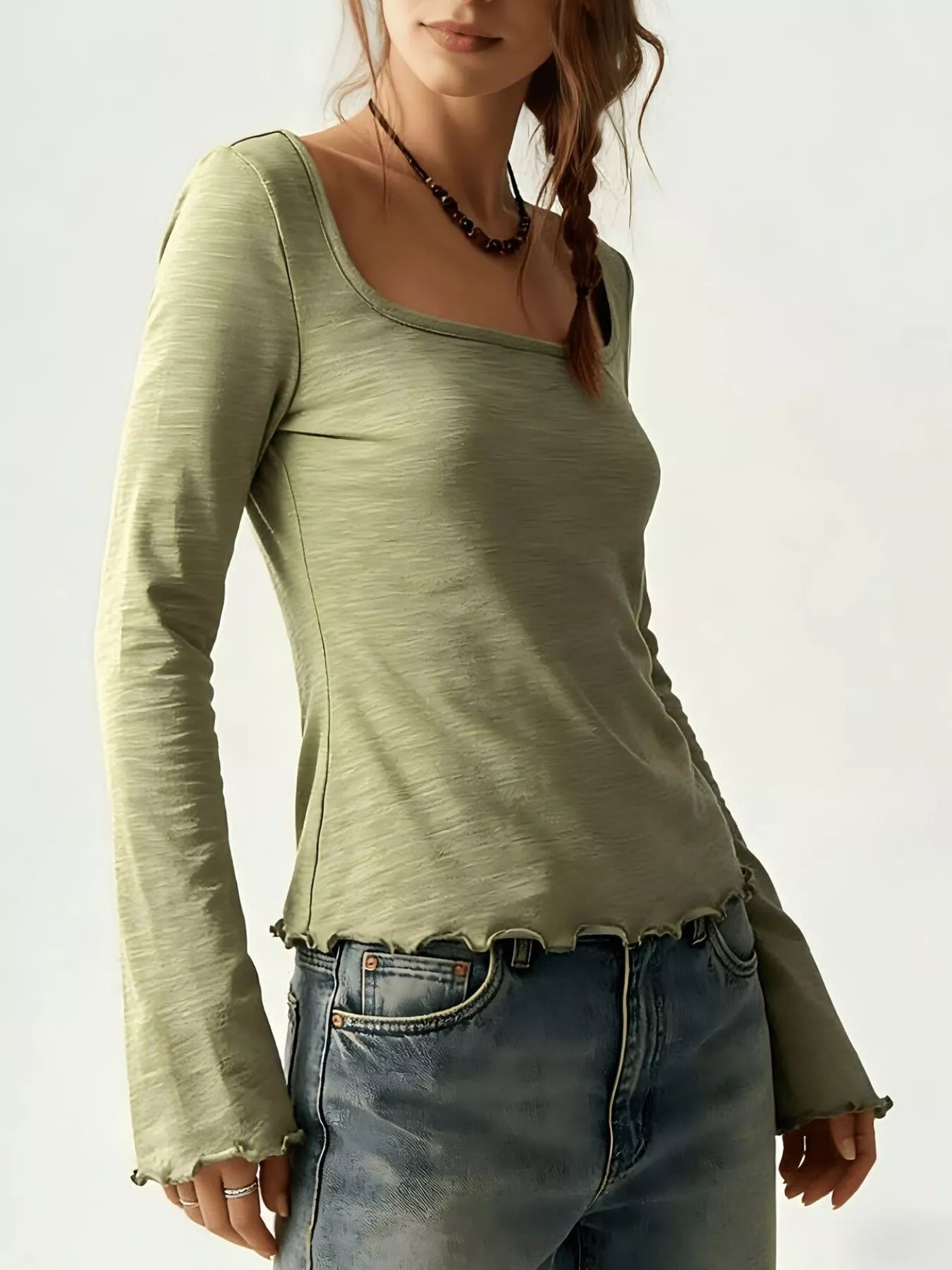 Women's long sleeve square neck slim-fit T-shirt