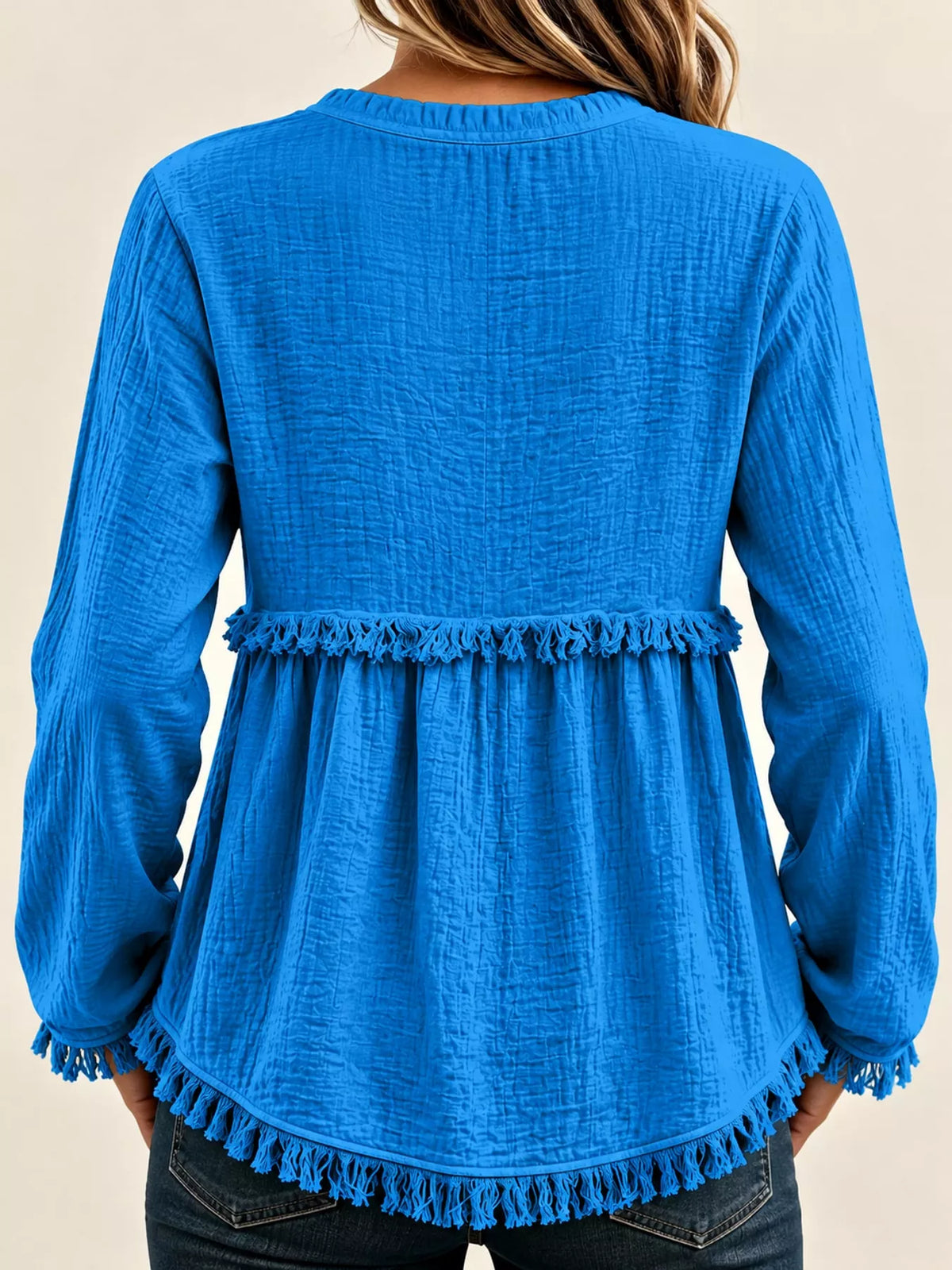 Frayed-hem blouse, blue back