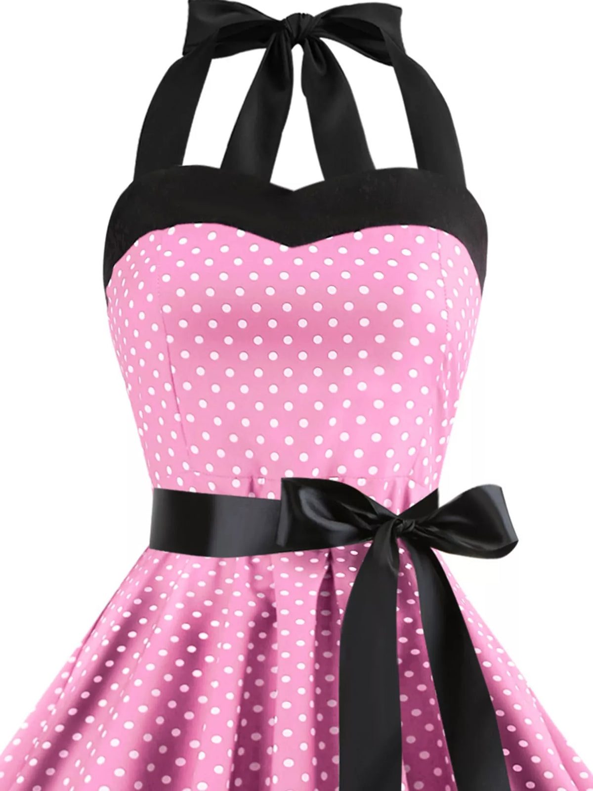 Halter neck sleeveless knee dress, construction and design details