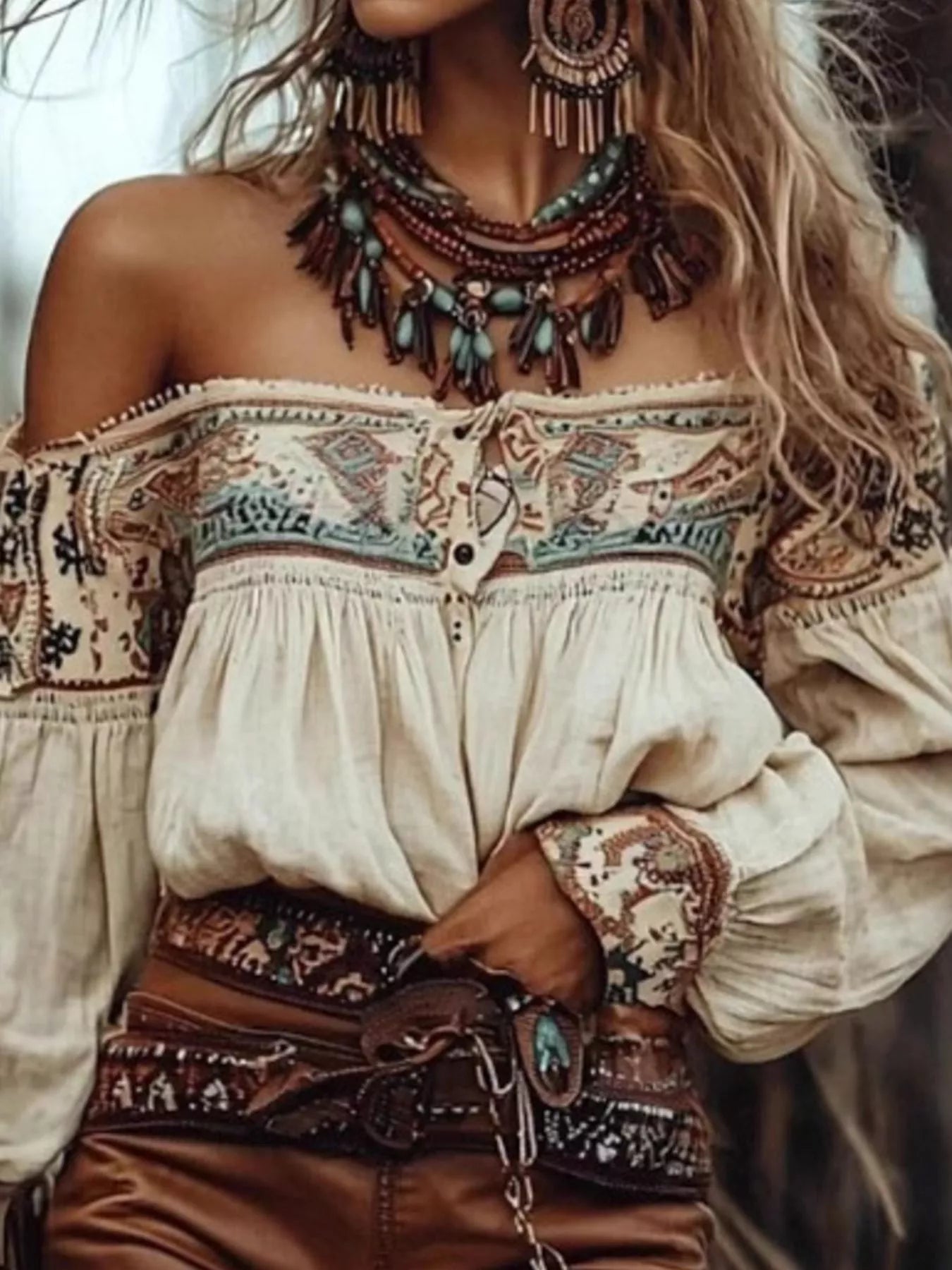 Trendsi Off-Shoulder Printed Long Sleeve Blouse -