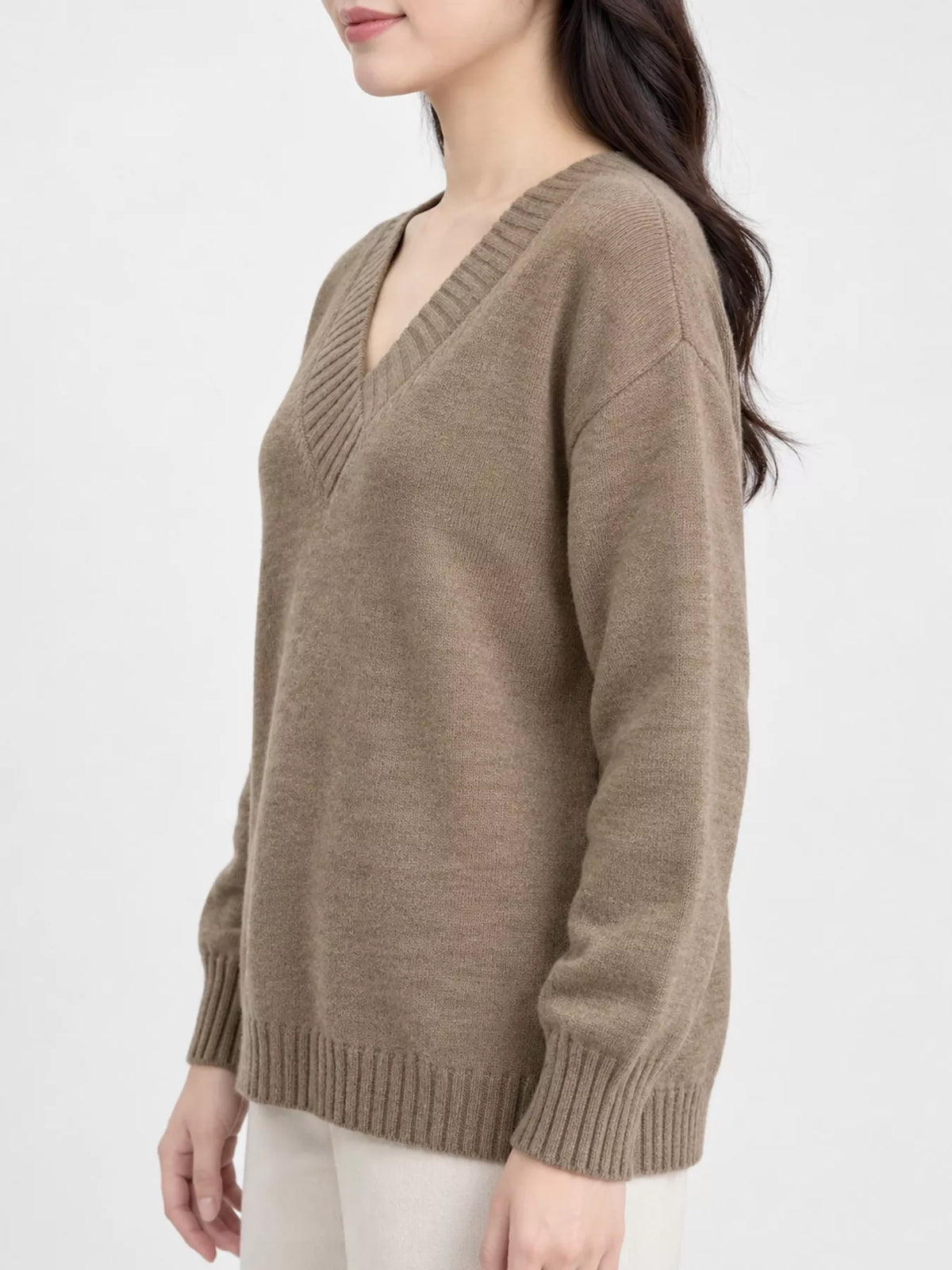 V-neck sweater, taupe side