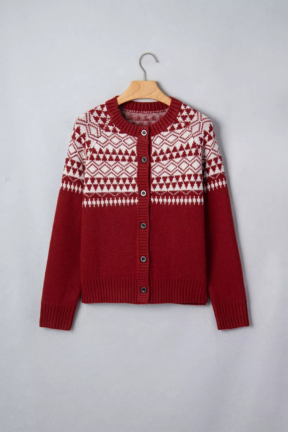Geometric-print button-front long sleeve cardigan